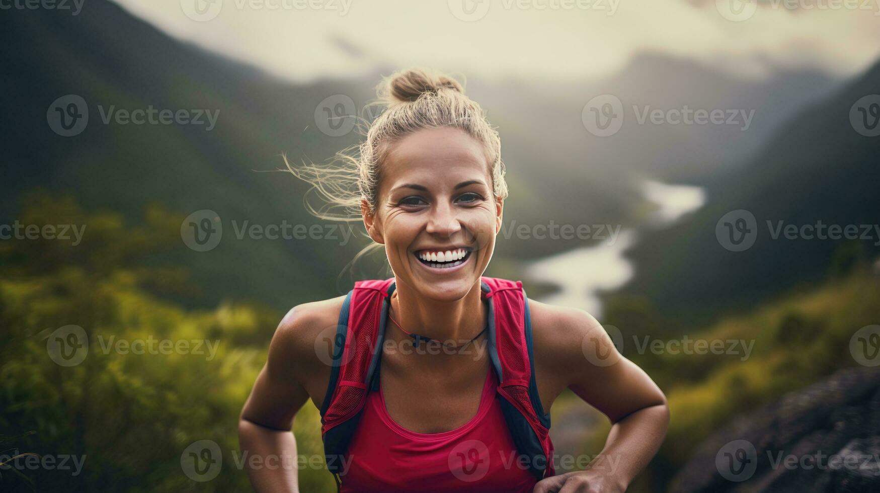 ai gerado saudável mulher com lindo sorriso. trilha correndo, maratona, triatlo correndo, ao ar livre natureza. foto