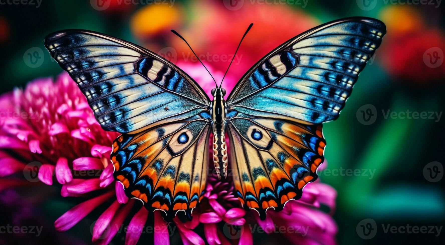 ai gerado colorida borboleta em uma flor, abstrato colori borboleta em abstrato colori fundo, colorida fundo papel de parede, abstrato colori borboleta em colori folha foto