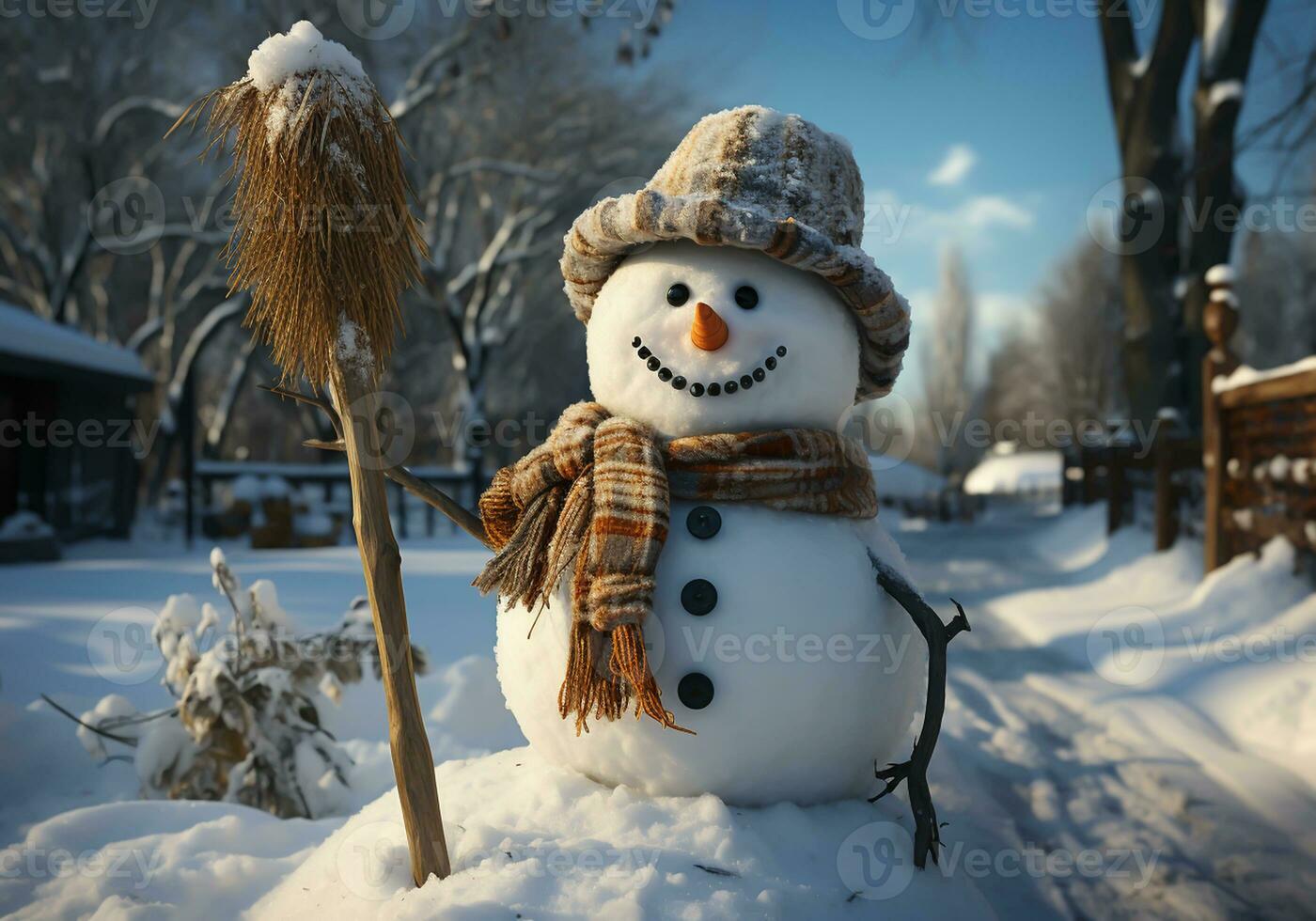 ai gerado engraçado boneco de neve em Nevado estrada foto