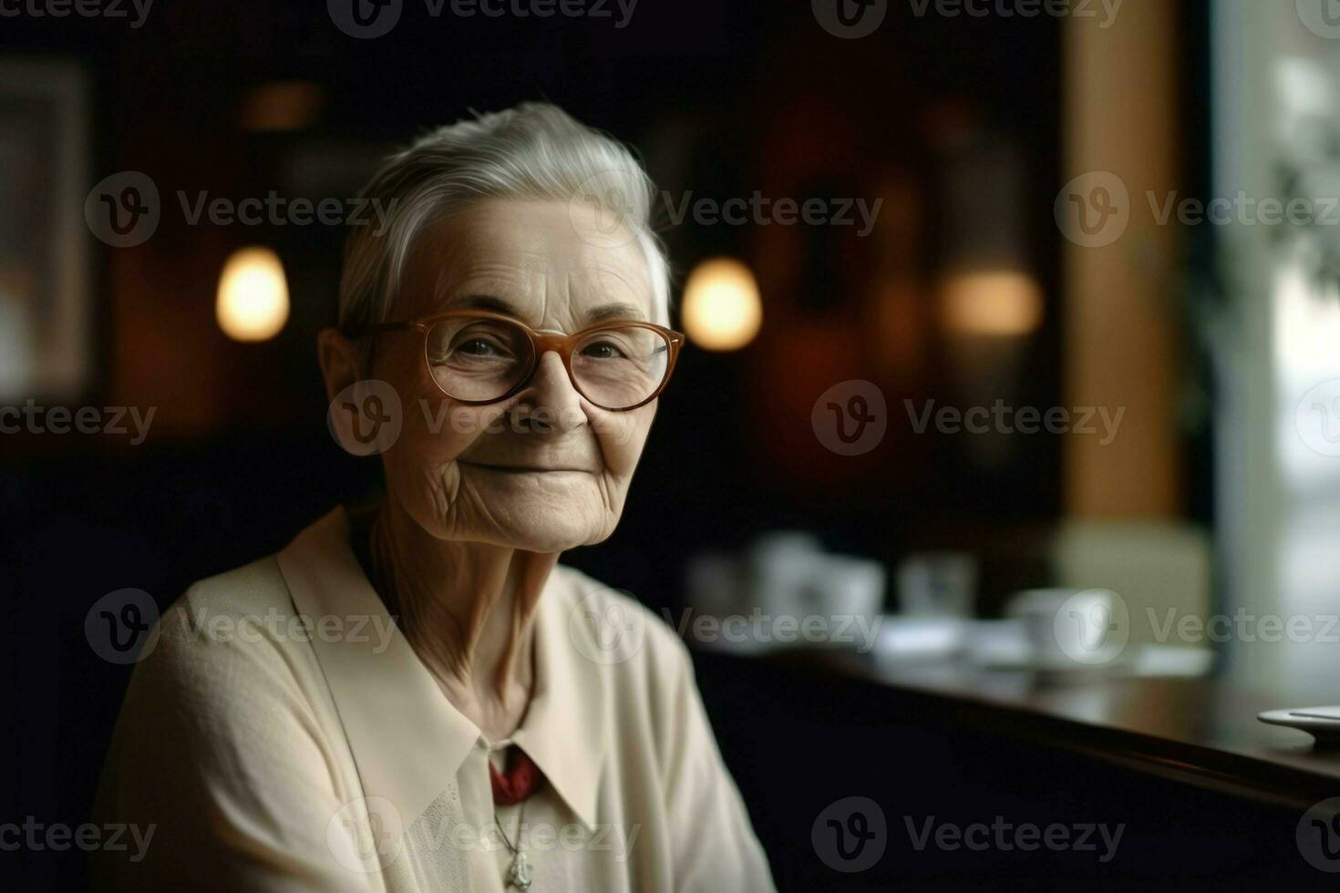 ai gerado sorridente idosos senhora com Óculos dentro restaurante. gerar ai foto