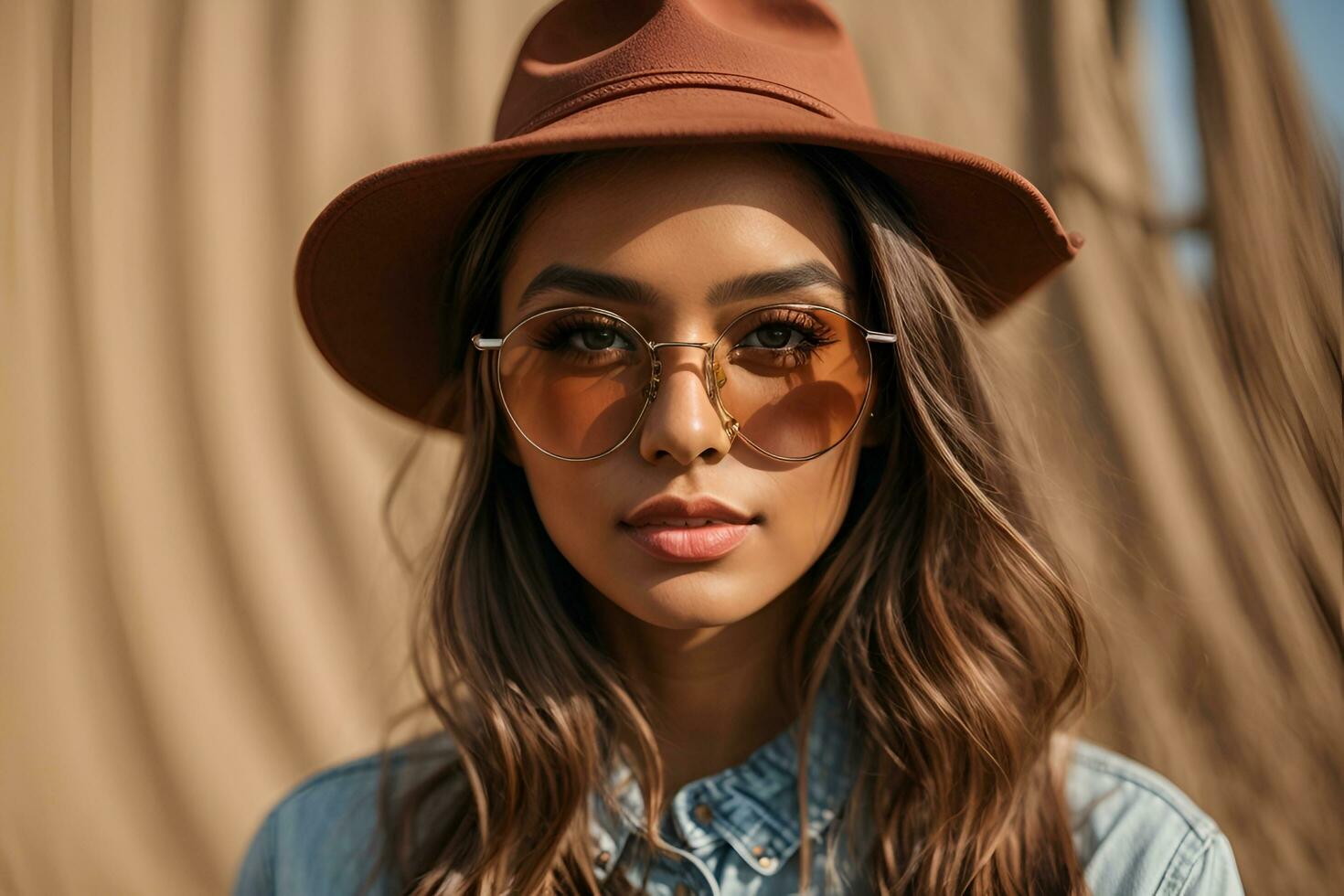 ai gerado retrato do jovem à moda menina modelo dentro casual verão roupas dentro Castanho chapéu com natural Maquiagem dentro óculos isolar foto