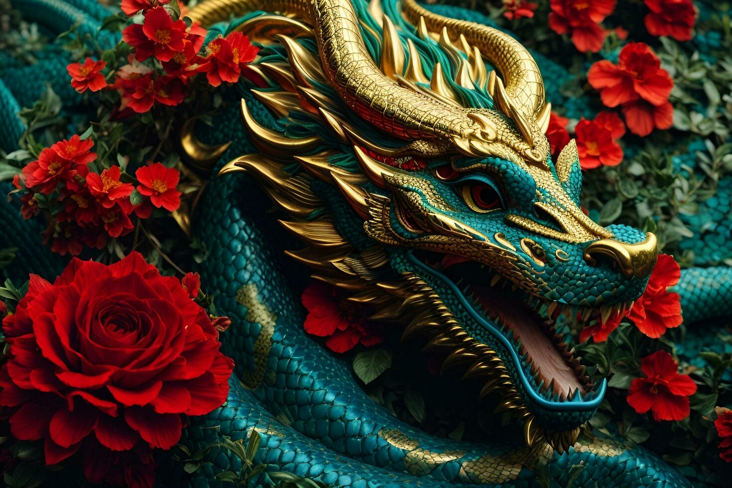 ai gerado uma dourado Dragão com vermelho flores em uma azul fundo foto