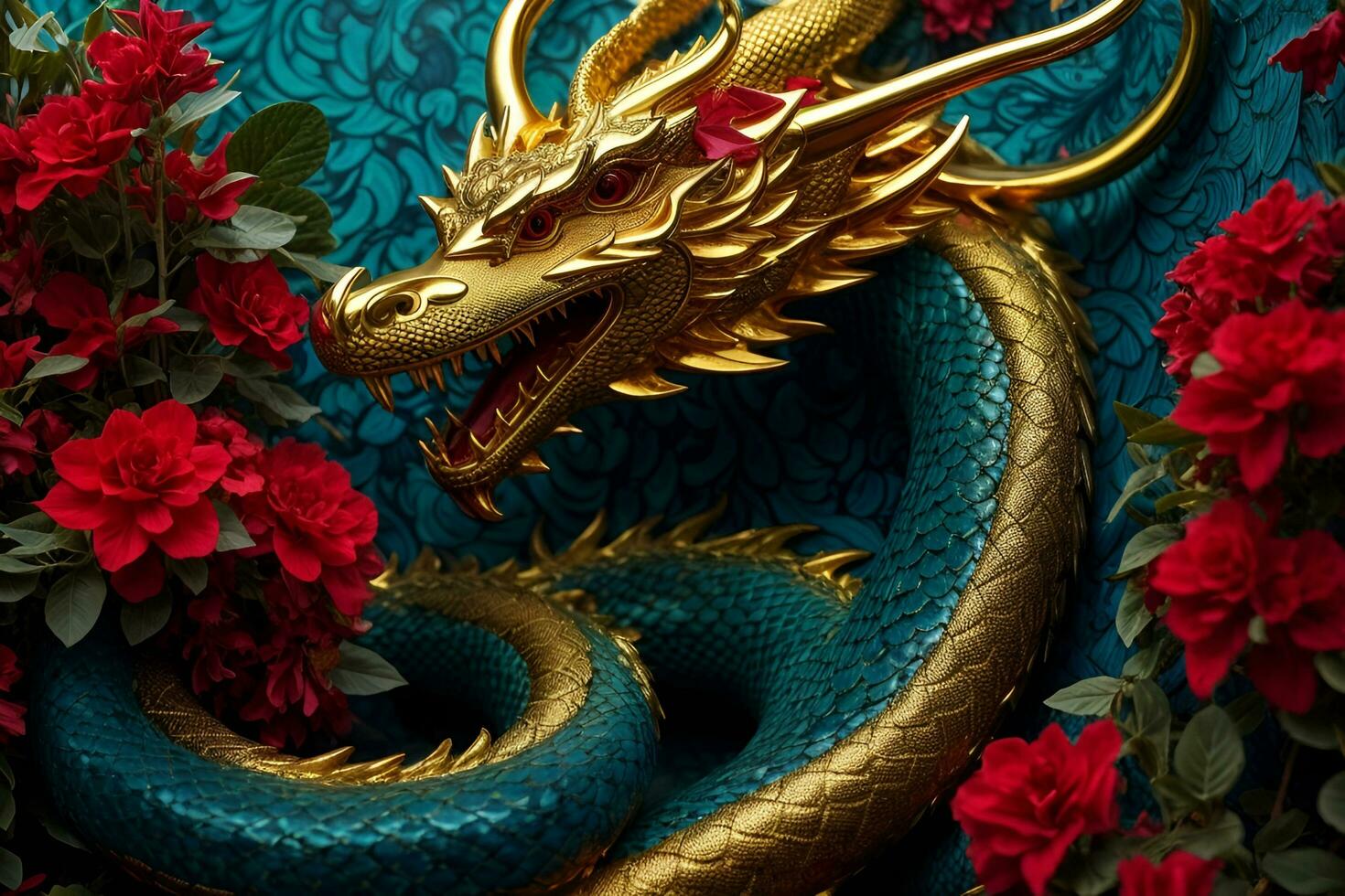 ai gerado uma dourado Dragão com vermelho flores em uma azul fundo foto