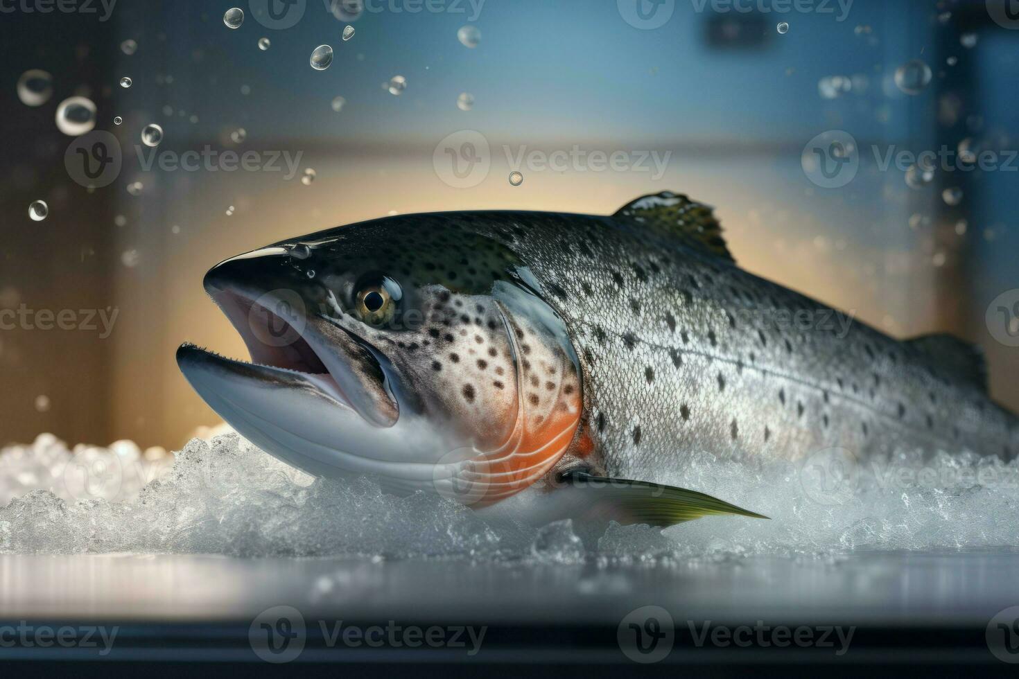 ai gerado frescor salmão peixe em gelado superfície. gerar ai foto