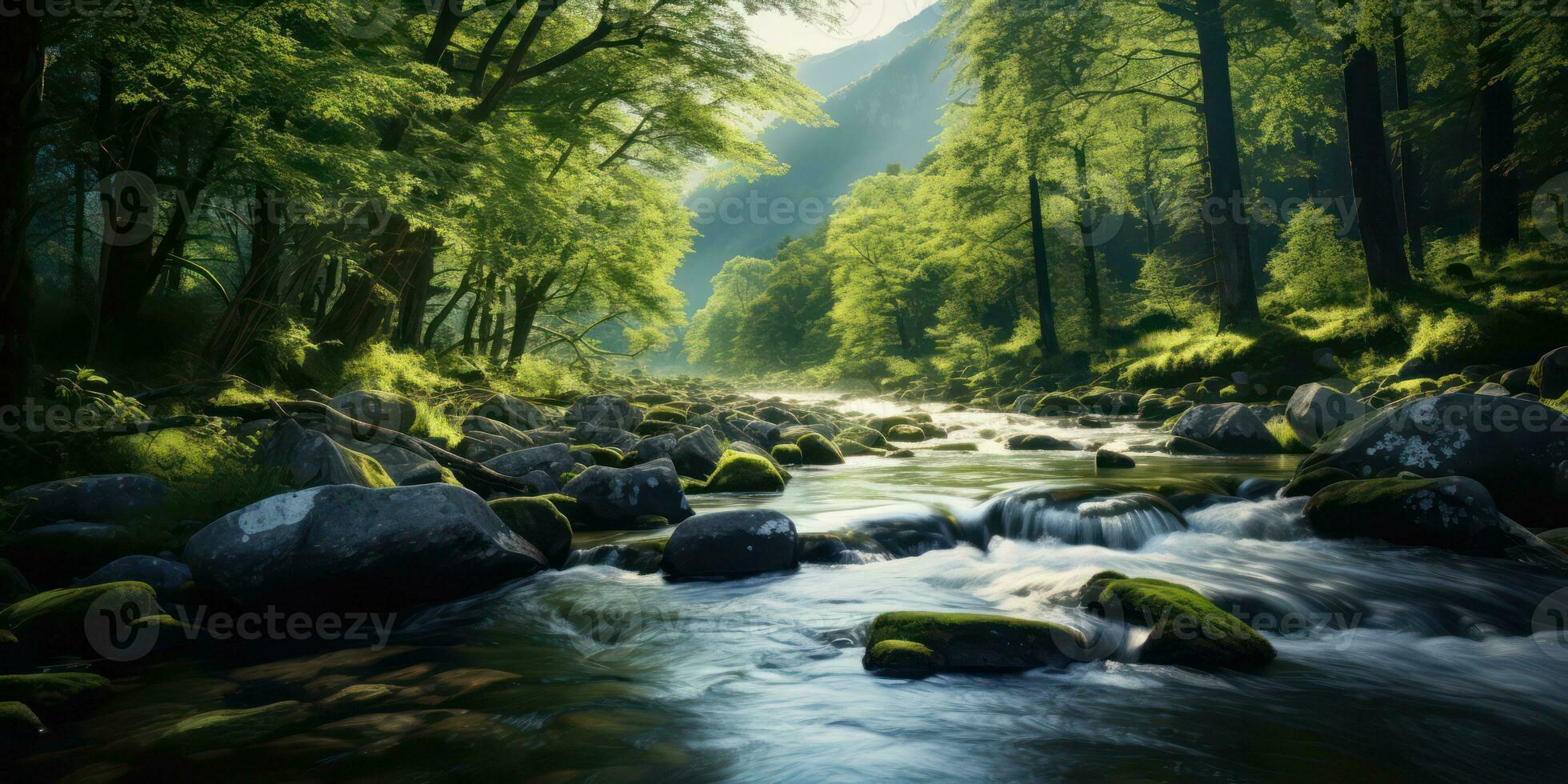 ai gerado corrida rio dentro a meio do verde montanhas foto