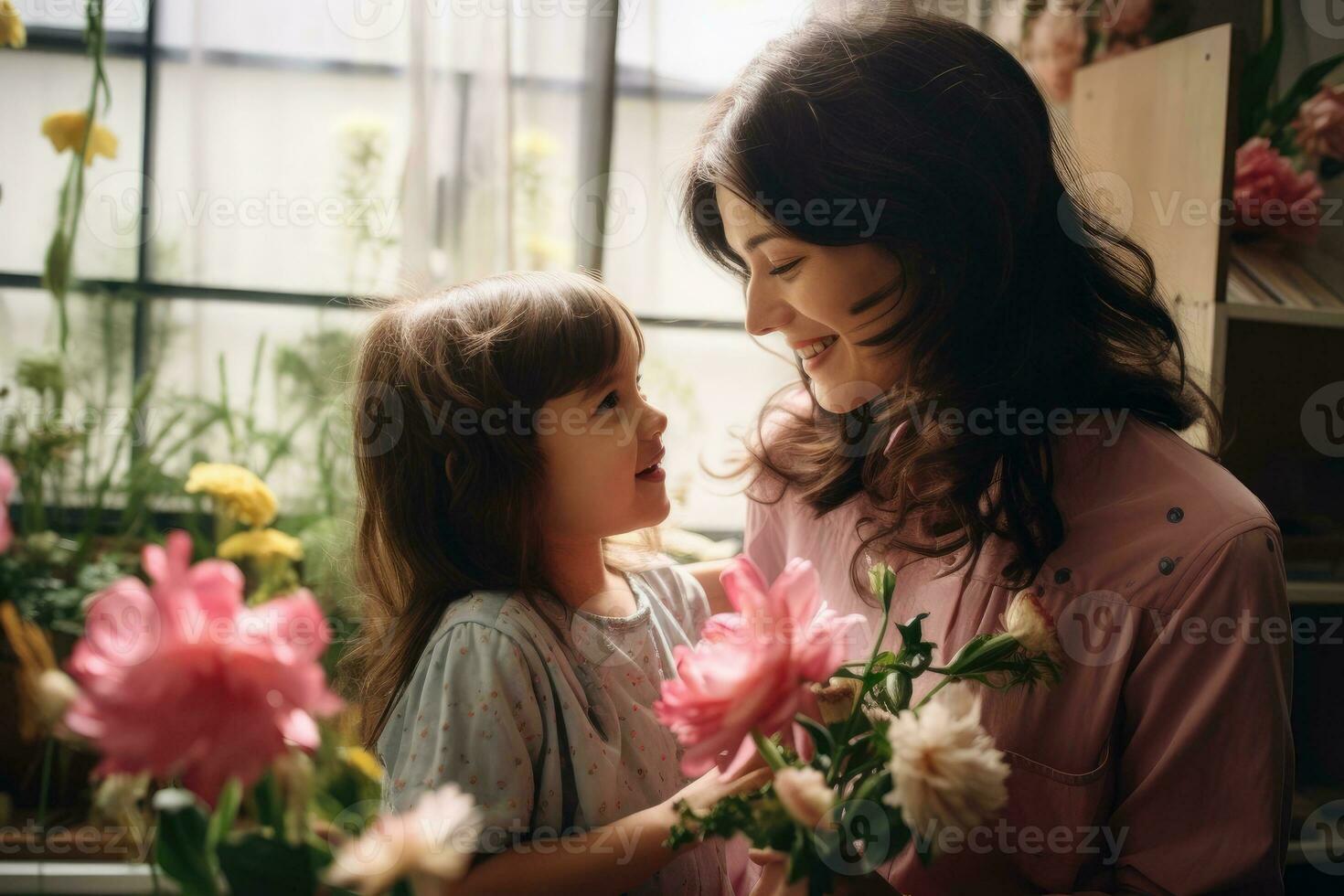 ai gerado pequeno filha e dela mãe estão escolhendo flores para a feriado dentro uma flor fazer compras. mães dia foto