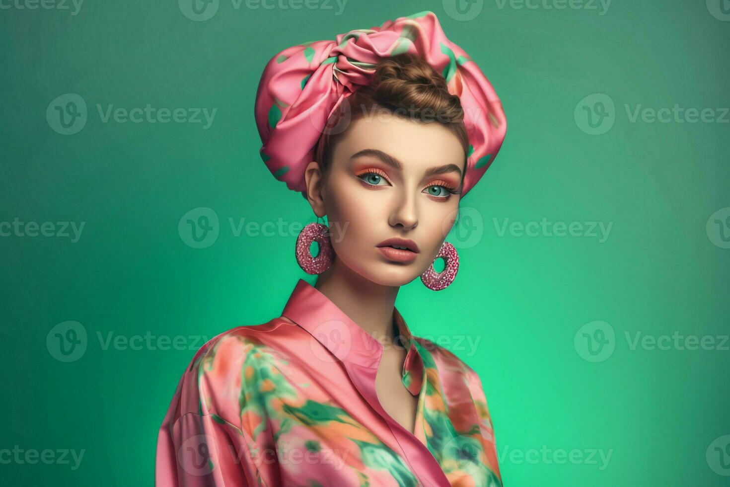 ai gerado fofa mulher com moda Penteado em verde fundo. gerar ai foto