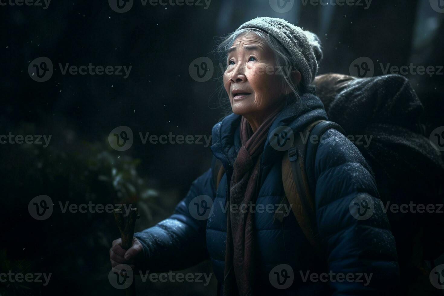 ai gerado chinês avó viajando com mochila. gerar ai foto