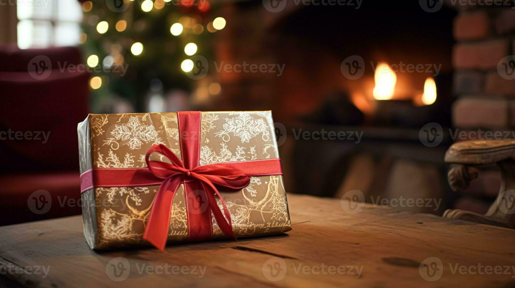 ai gerado Natal presente caixa perto acolhedor lareira dentro a Inglês país cabana, inverno feriados, boxe dia celebração e feriado compras foto