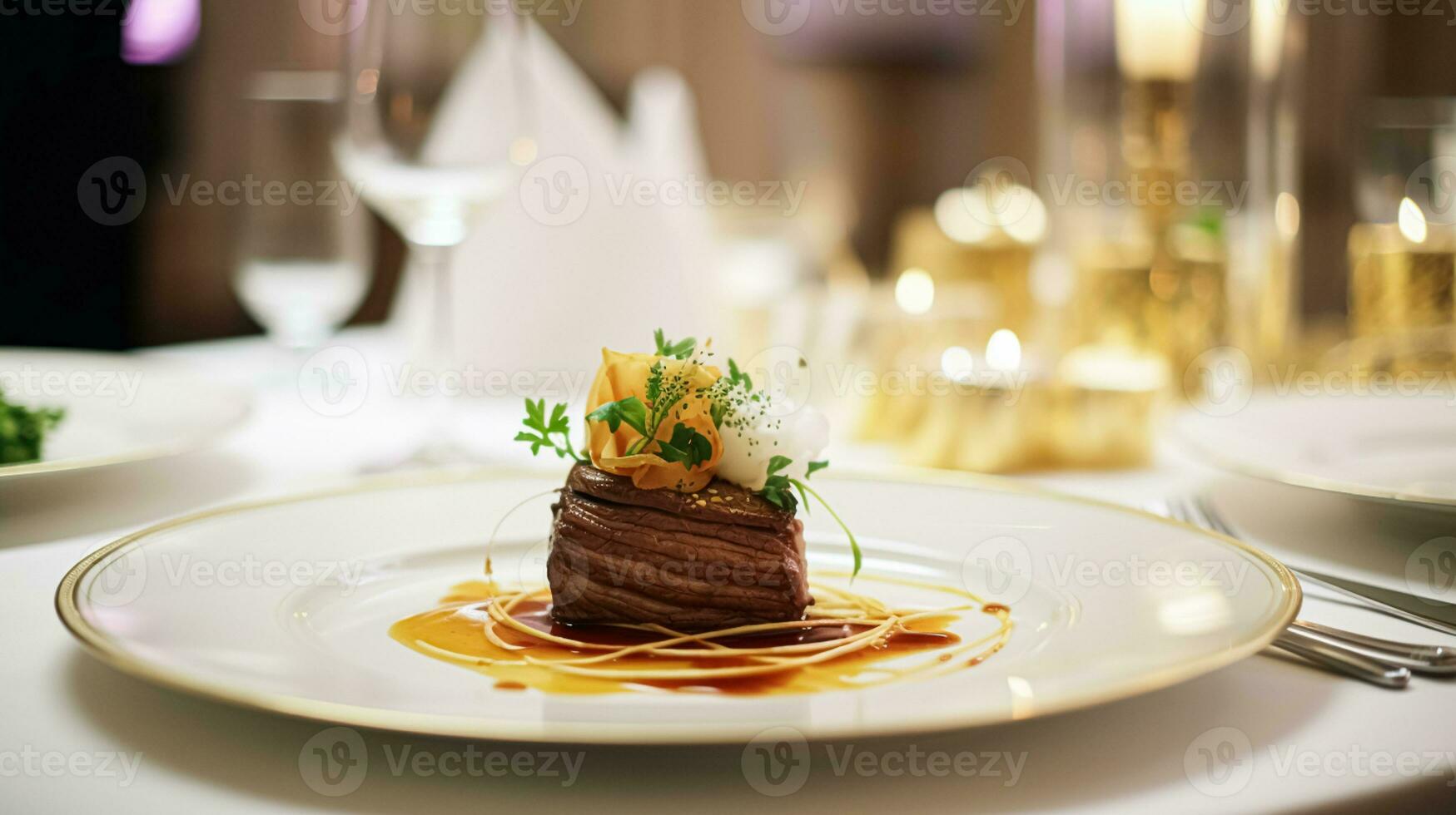 ai gerado requintado a Principal curso refeição às uma luxo restaurante, Casamento Comida refeições e Inglês cozinha foto