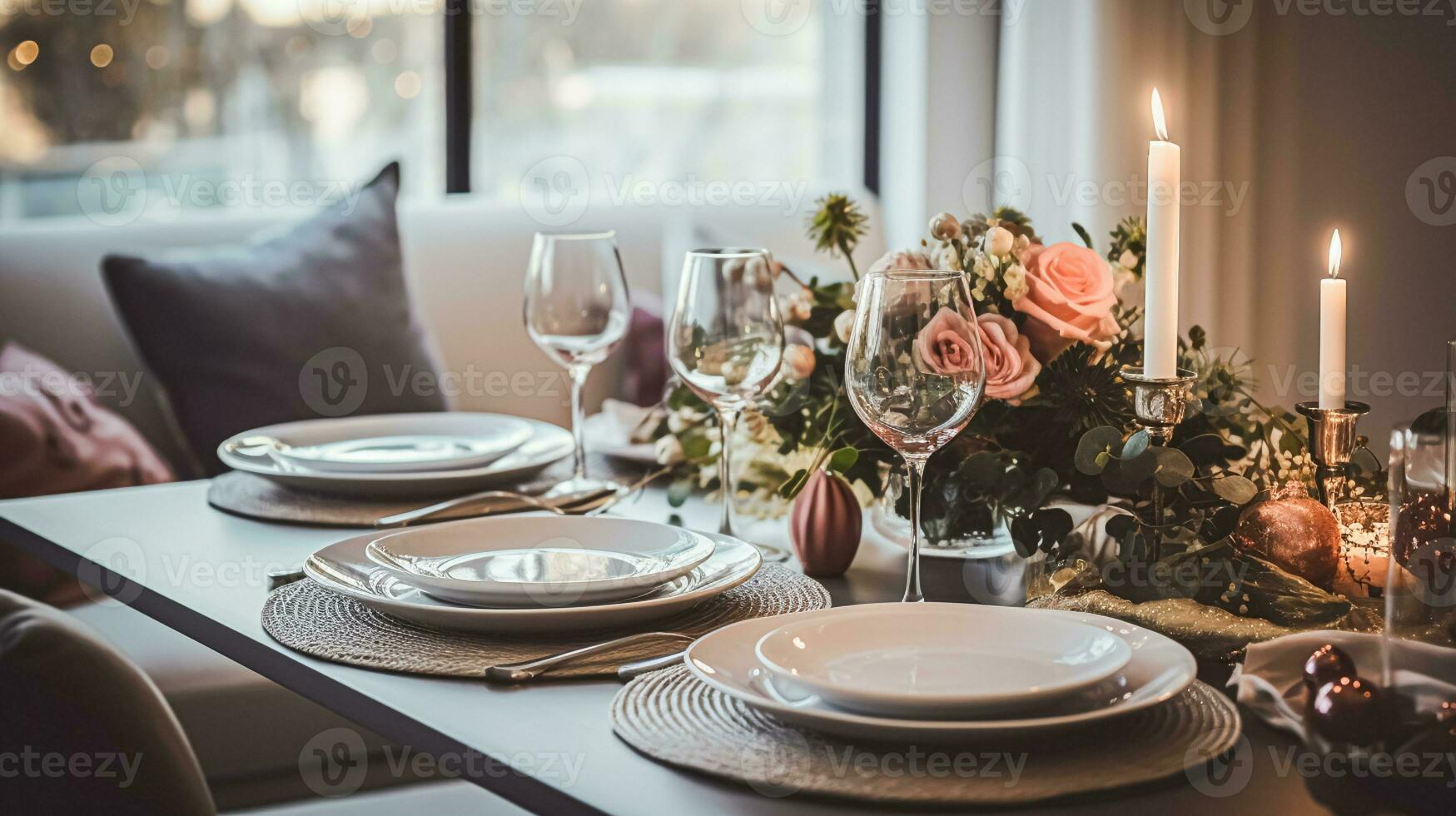 ai gerado feriado jantar às lar, mesa decoração foto