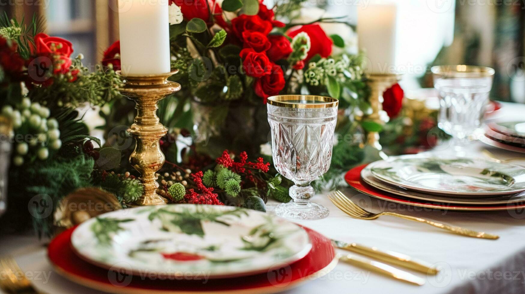 ai gerado feriado mesa decoração, Natal feriados celebração, paisagem de mesa e jantar mesa contexto, Inglês país decoração e casa estilo foto