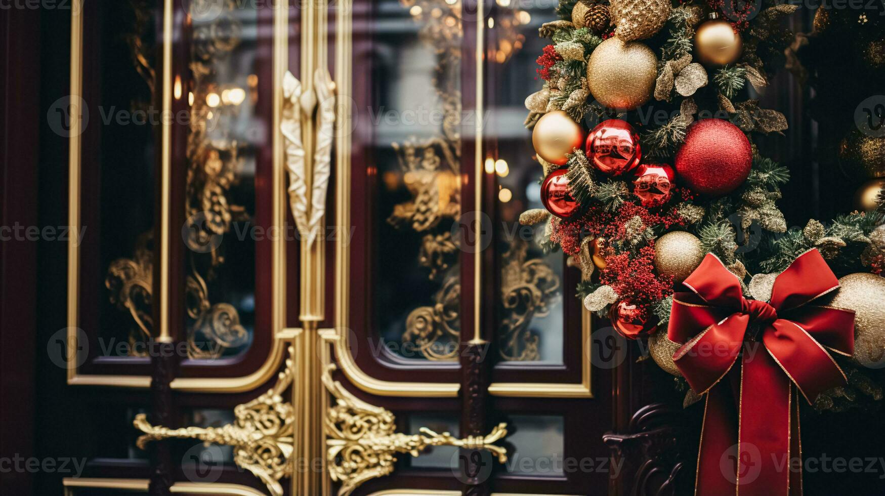 ai gerado Natal decoração detalhes em Inglês estilizado luxo Alto rua cidade loja porta ou compras janela mostrar, feriado venda e fazer compras decoração foto