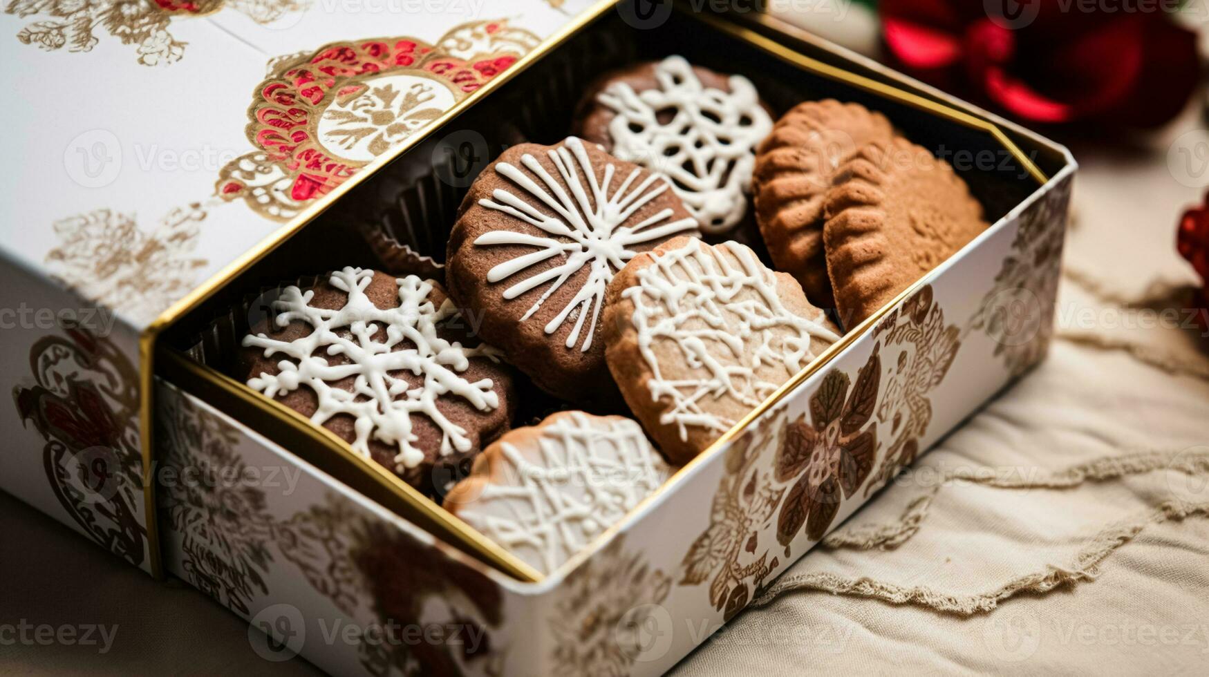 ai gerado Natal biscoitos, feriado bolacha presente caixa e casa assa, inverno feriados presente para Inglês país chá dentro a cabana, caseiro bolo seco friável e cozimento receita foto