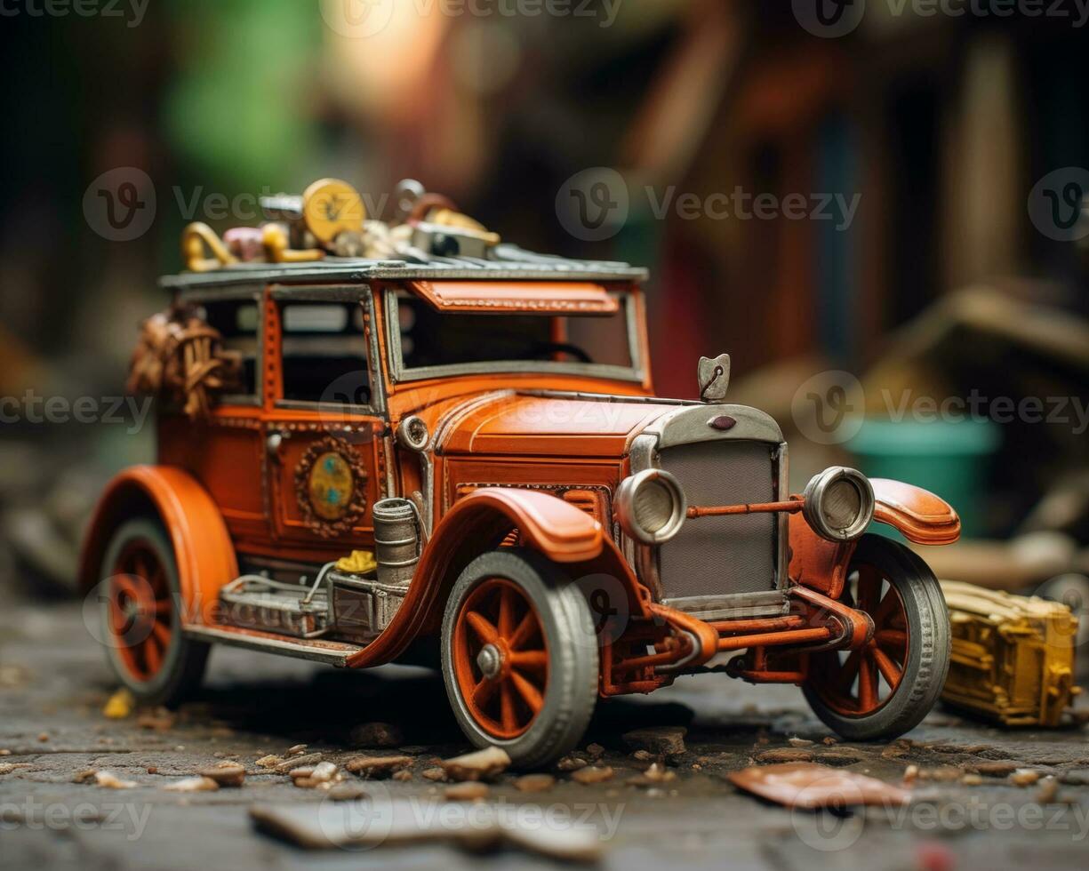 ai gerado vintage brinquedo carro em a velho de madeira chão. seletivo foco. foto