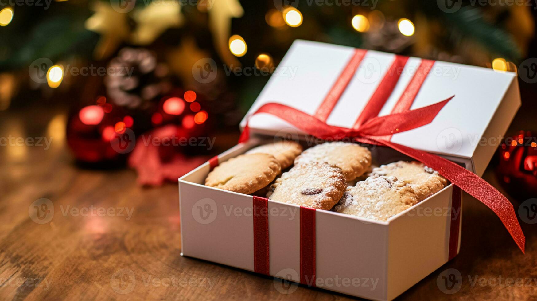 ai gerado Natal biscoitos, feriado bolacha presente caixa e casa assa, inverno feriados presente para Inglês país chá dentro a cabana, caseiro bolo seco friável e cozimento receita foto