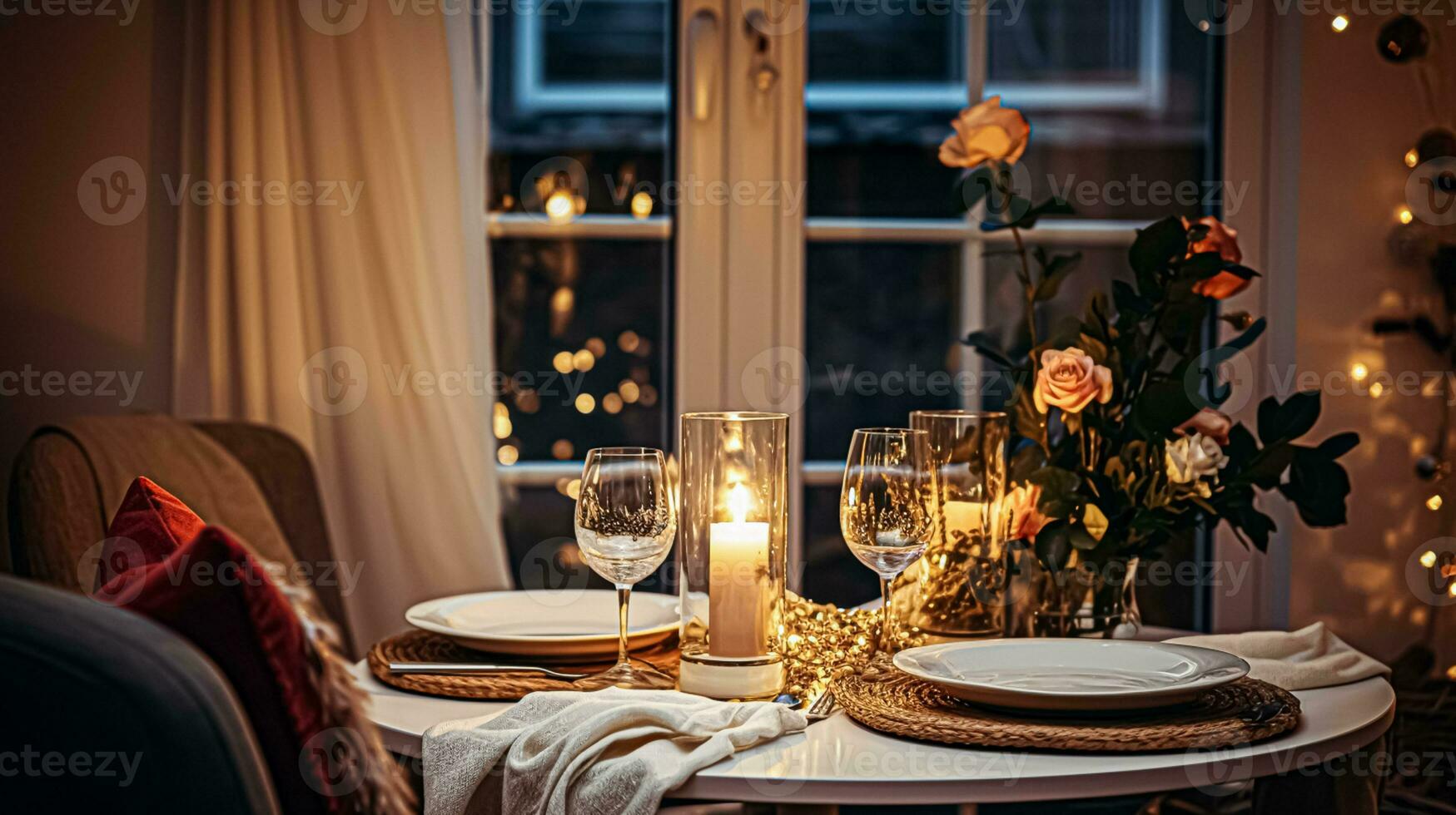 ai gerado festivo encontro noite paisagem de mesa ideia, jantar mesa configuração para dois e Natal, Novo ano, dia dos namorados dia decoração, Inglês país casa estilo foto