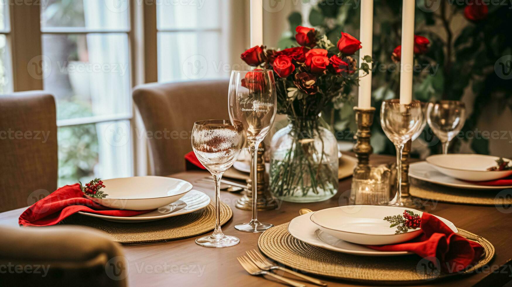 ai gerado feriado jantar às lar, mesa decoração foto