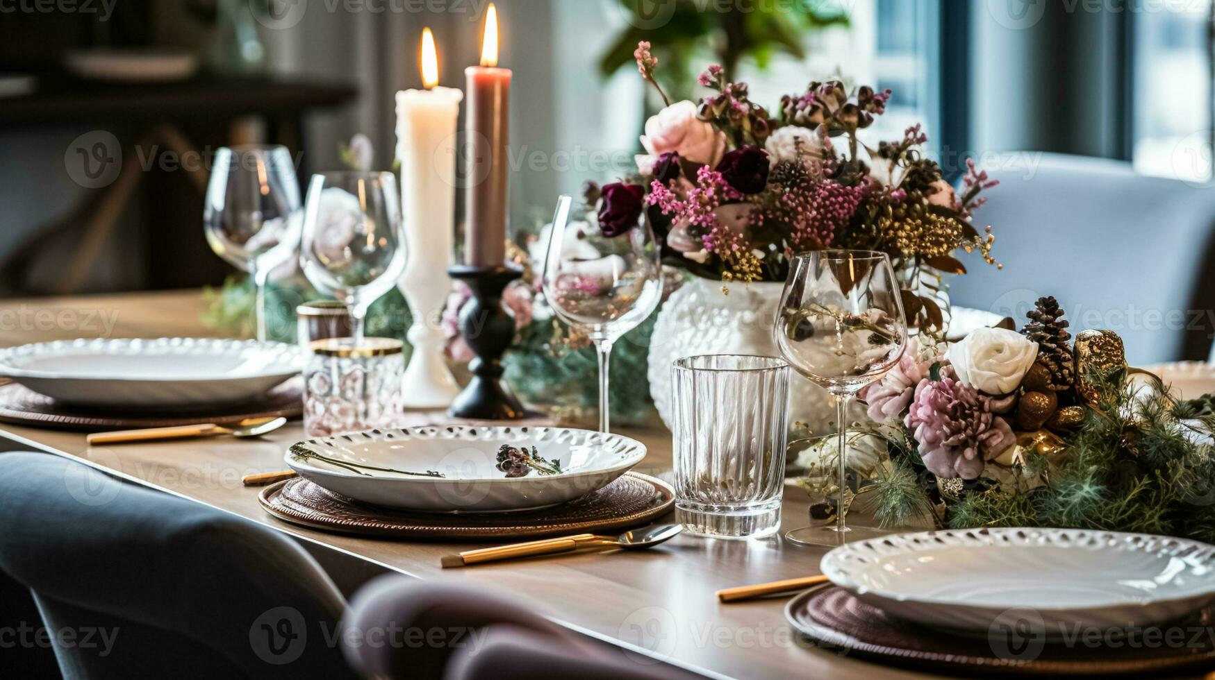 ai gerado feriado jantar às lar, mesa decoração foto