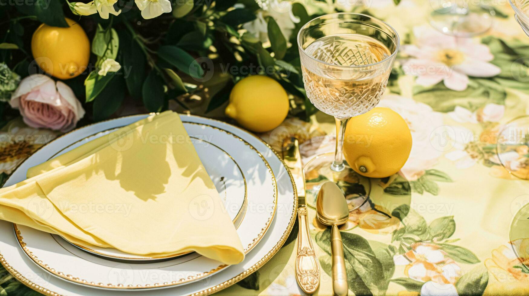 ai gerado Casamento ou formal jantar feriado celebração paisagem de mesa com limões e flores dentro a Inglês campo jardim limão árvore, casa estilo foto