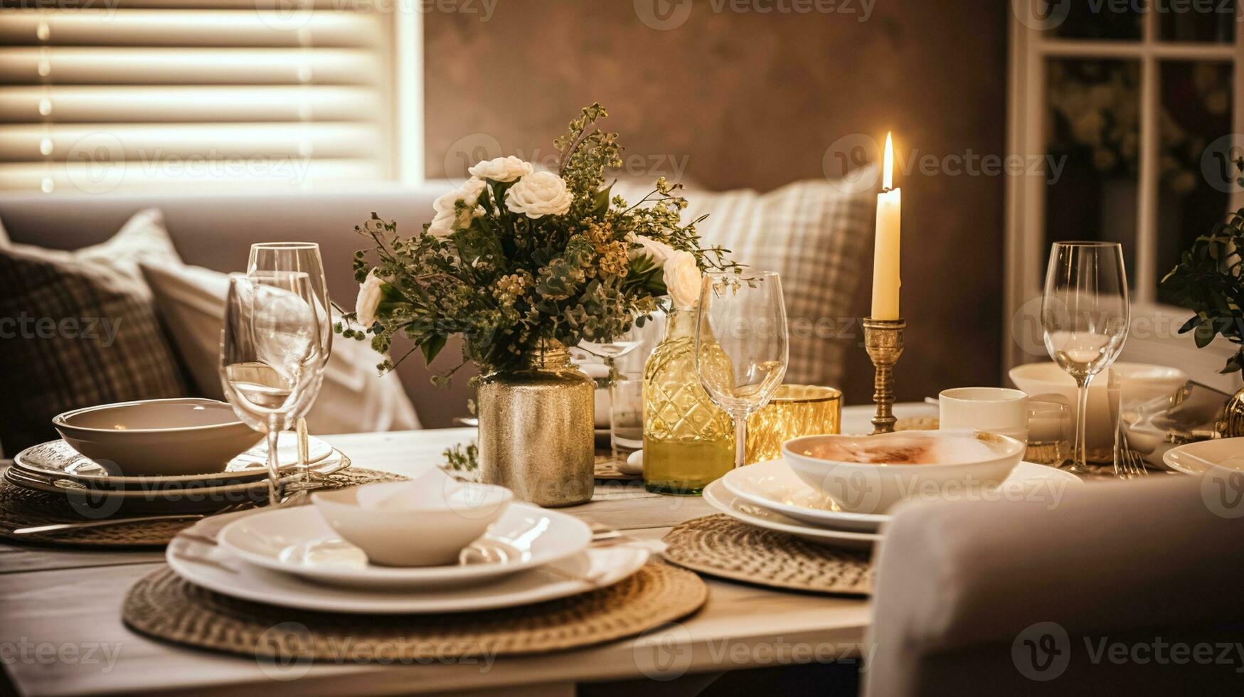 ai gerado feriado jantar às lar, mesa decoração foto