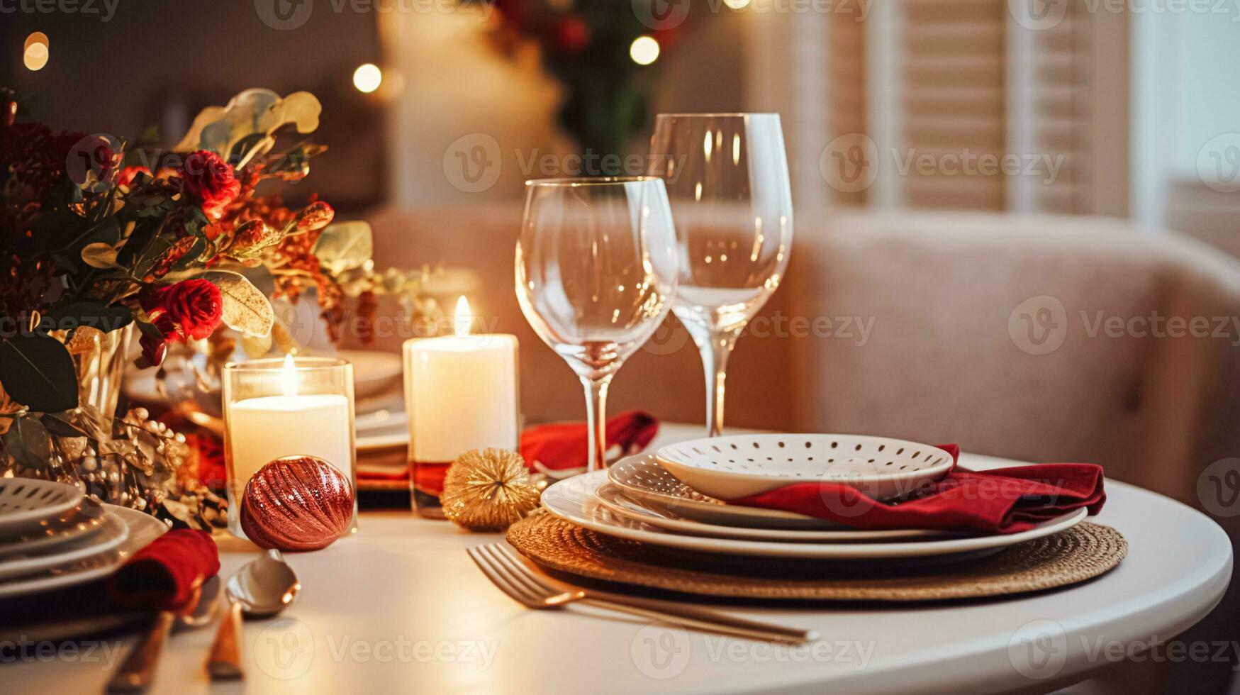 ai gerado feriado jantar às lar, mesa decoração foto