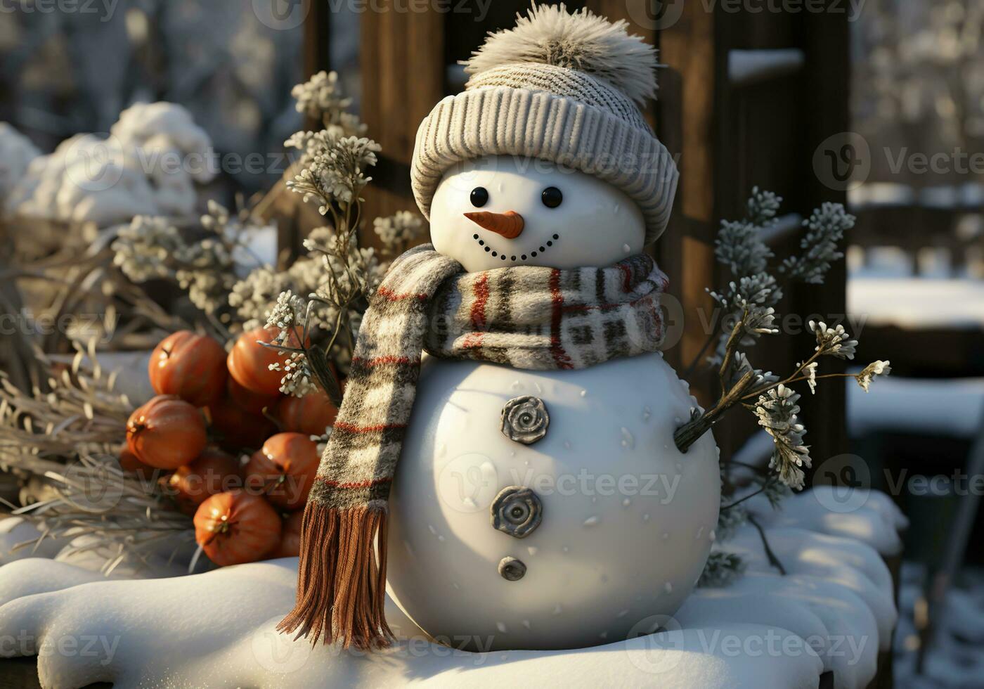 ai gerado engraçado boneco de neve em Nevado estrada foto