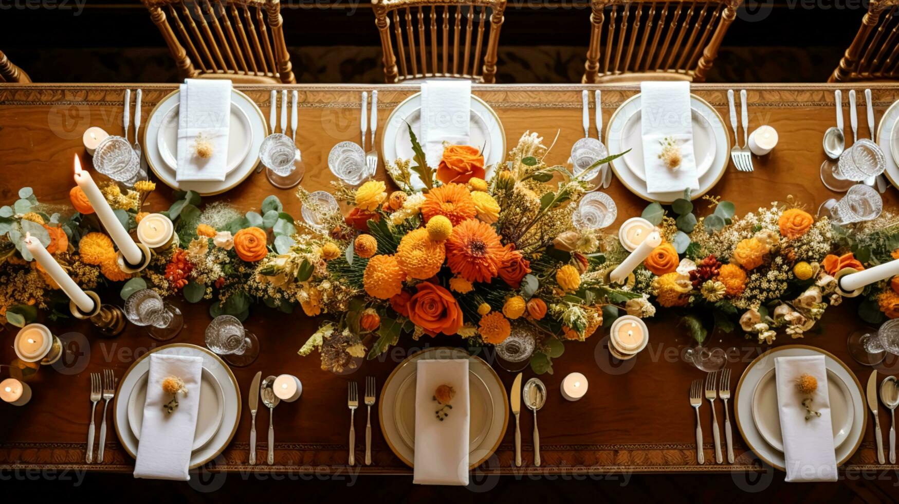 ai gerado outono feriado paisagem de mesa, formal jantar mesa contexto, mesa escapar com elegante outonal floral decoração para Casamento festa e evento decoração foto