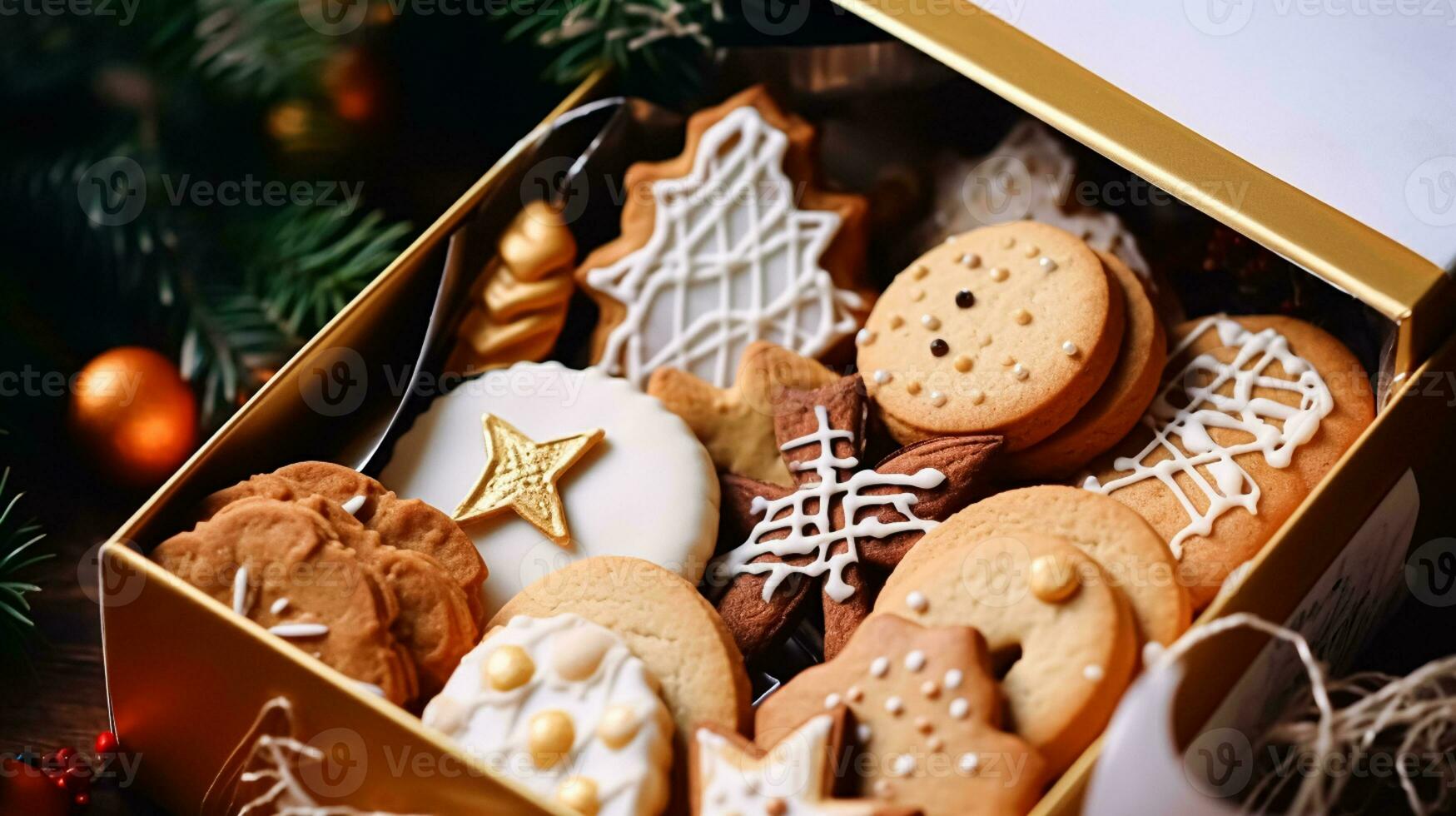 ai gerado Natal biscoitos, feriado bolacha presente caixa e casa assa, inverno feriados presente para Inglês país chá dentro a cabana, caseiro bolo seco friável e cozimento receita foto