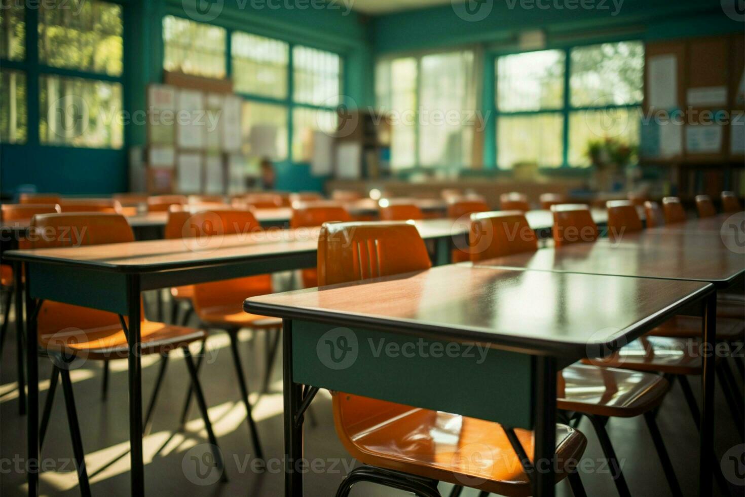 ai gerado borrado estude cena esvaziar sala de aula, uma Visão dentro suave foco foto