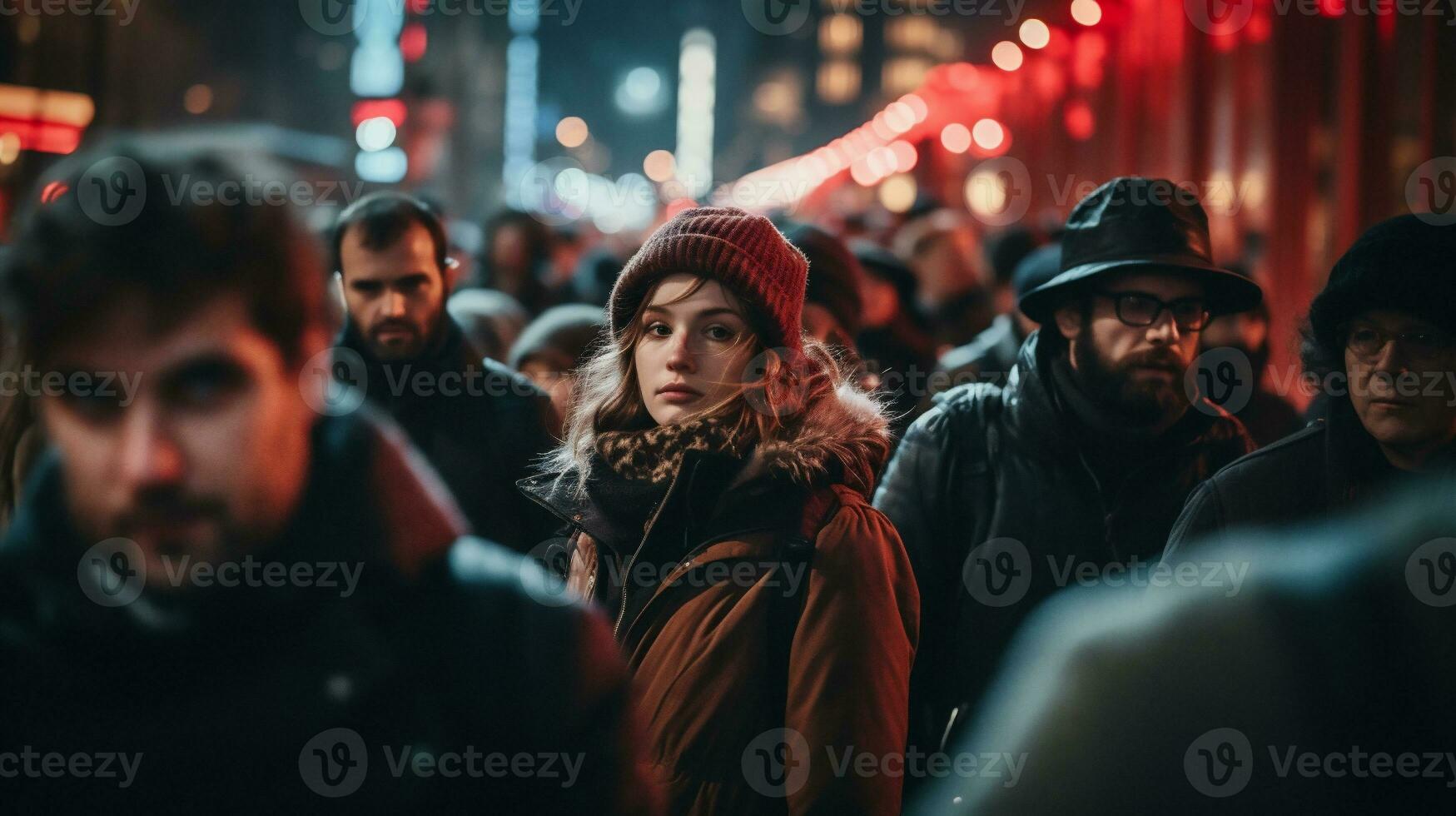 ai gerado jovem mulher dentro inverno roupas caminhando dentro a cidade às noite. raso profundidade do campo. foto