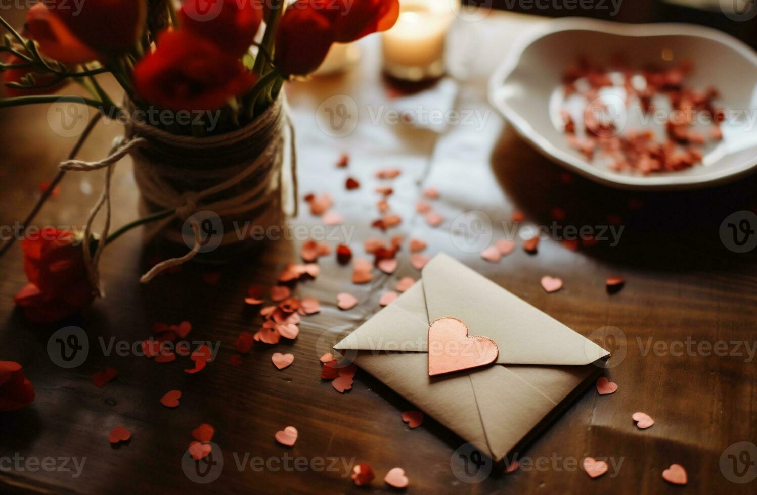 ai gerado dia dos namorados dia fundo. amor carta, envelope e vermelho corações em de madeira mesa foto