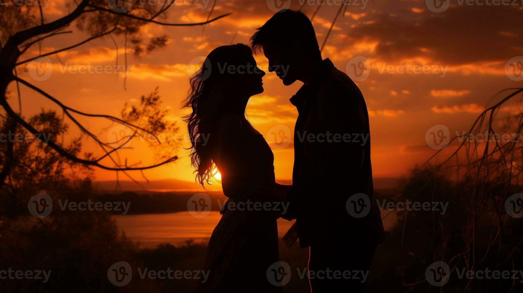 ai gerado silhueta do uma jovem casal dentro amor em a fundo do uma lindo pôr do sol foto