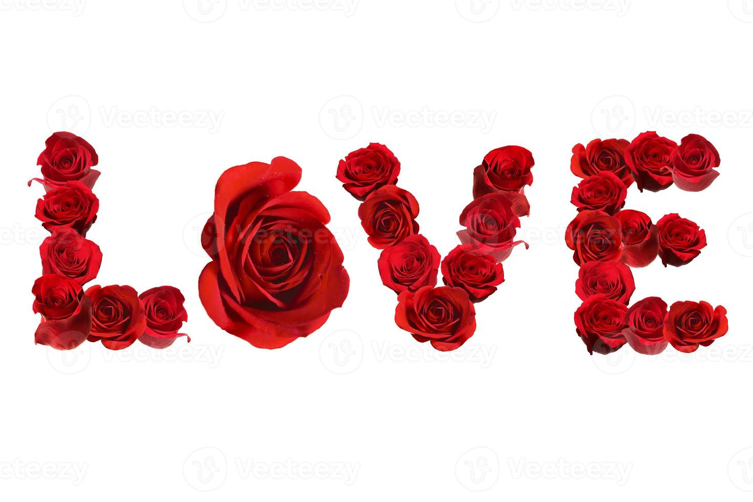 amor soletrado com rosas vermelhas isoladas em branco foto