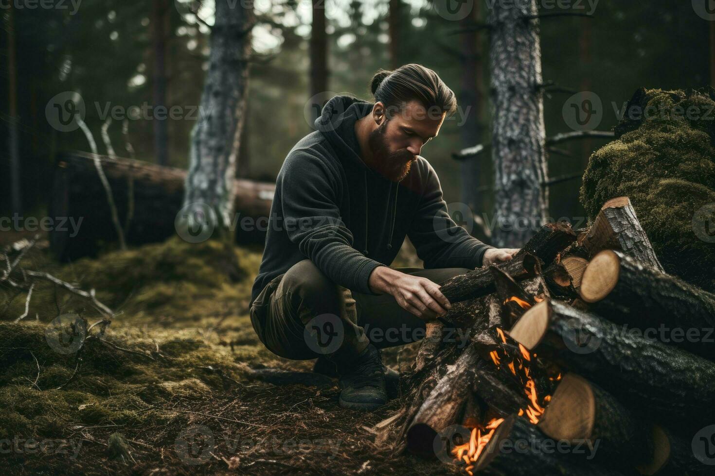 ai gerado robusto homem segurando pilha do cortar lenha dentro floresta. gerar ai foto