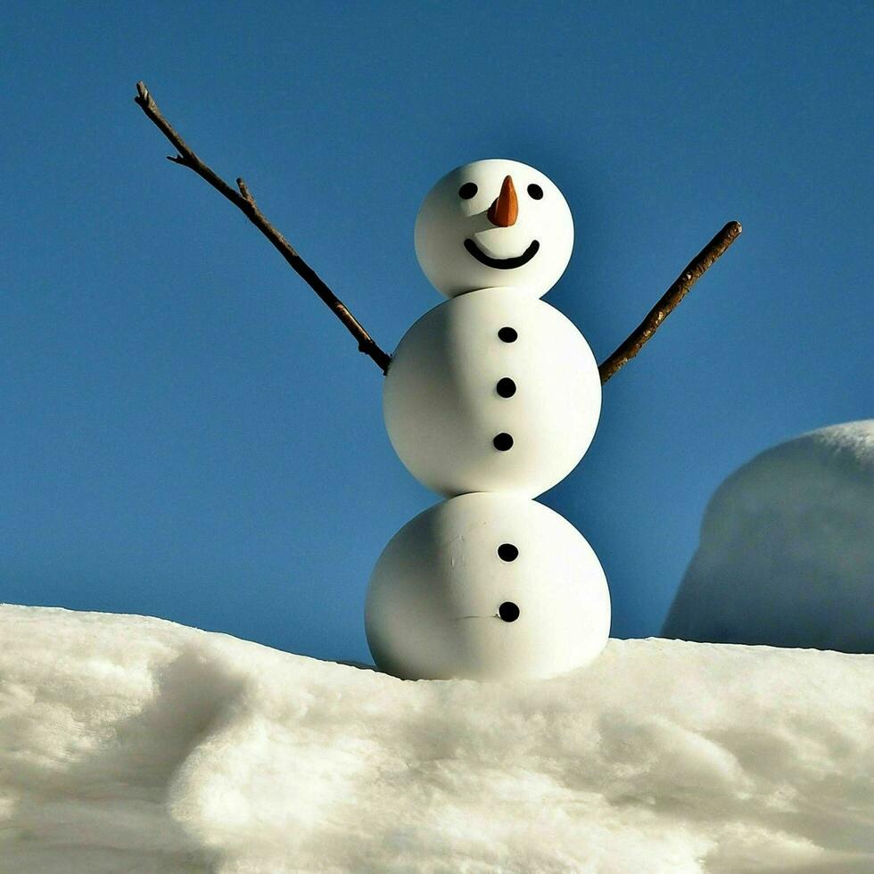 ai gerado fofa sorridente boneco de neve em uma pilha do neve foto