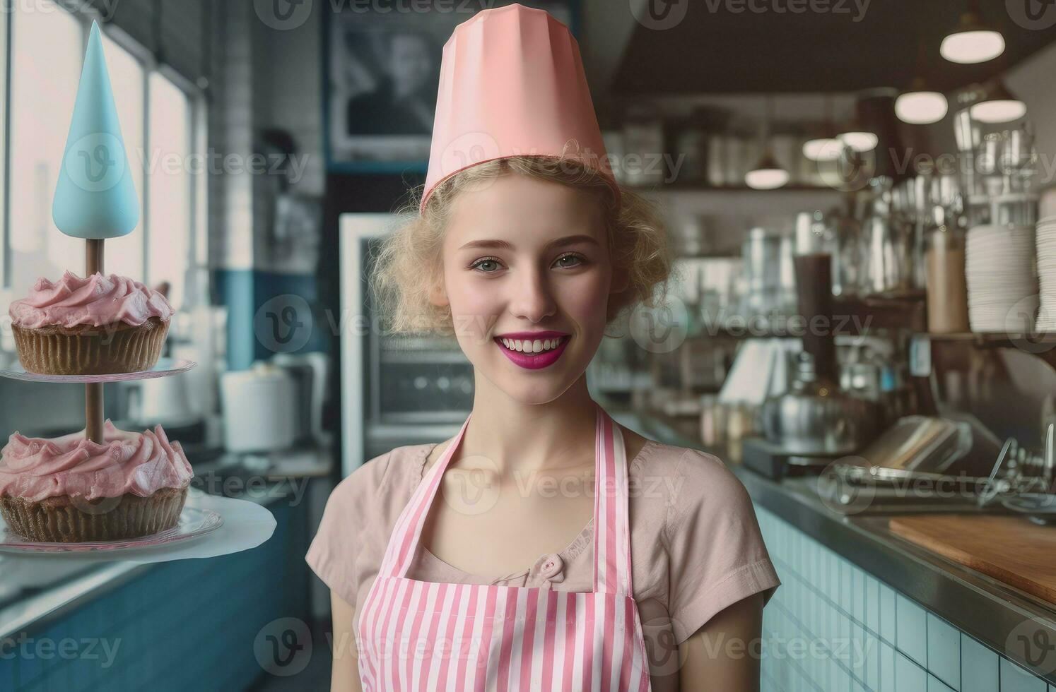 ai gerado menina vestindo rosado vestuário trabalhando dentro pastelaria fazer compras. gerar ai foto