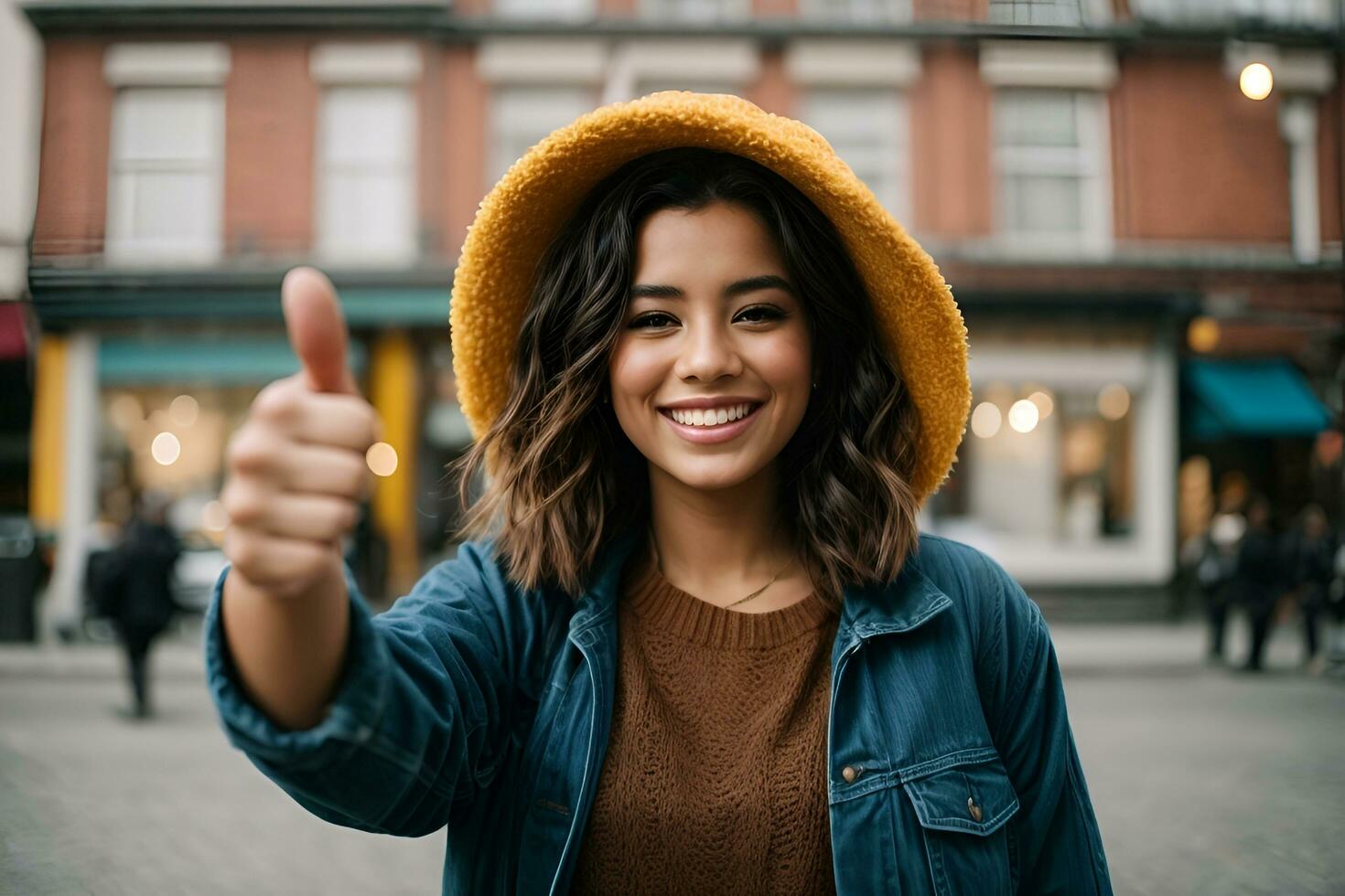 ai gerado feliz jovem mulher com polegares acima foto