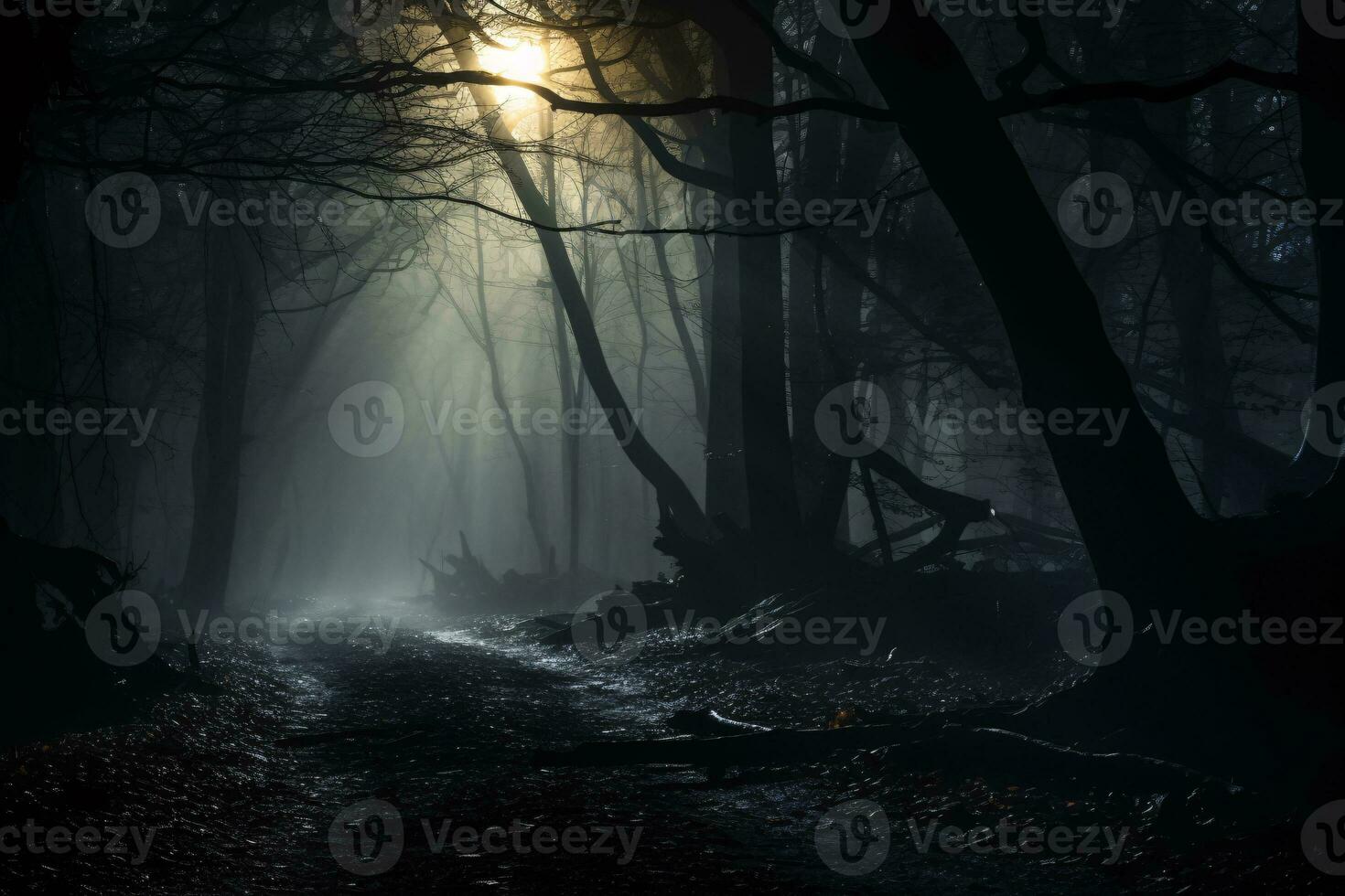 ai gerado enluarada floresta com morto árvores, nebuloso floresta luz da lua. generativo ai foto