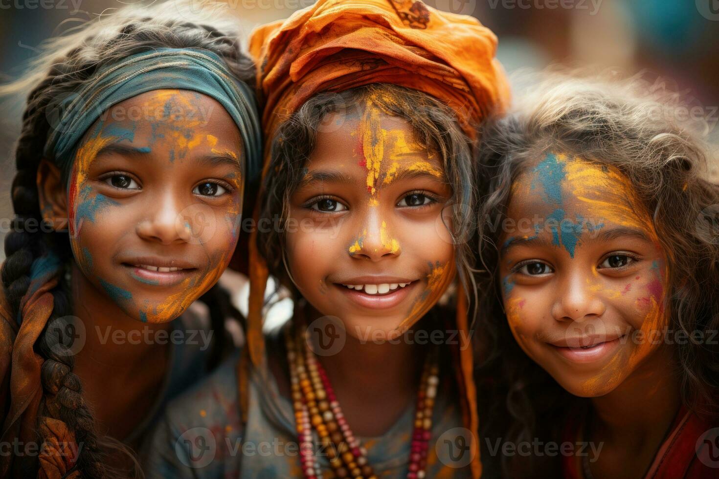 ai gerado três crianças se empenhar dentro holi folia, holi festival imagem baixar foto