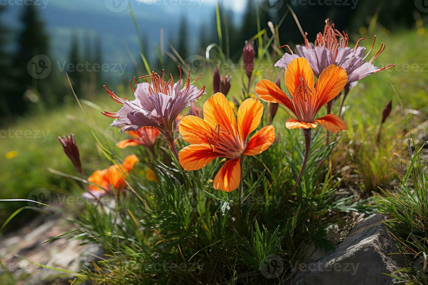 ai gerado uma tapeçaria do flores silvestres e cristal Claro córregos dentro a alpino Prado, de Meio Ambiente conceito foto