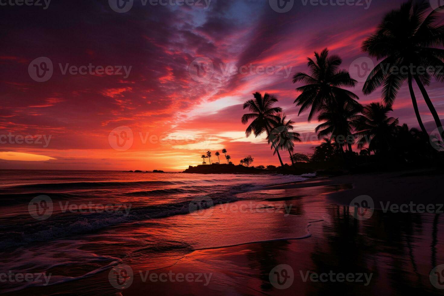 ai gerado tropical crepúsculo roxa pôr do sol sobre Palma forrado praia, nascer do sol e pôr do sol papel de parede foto