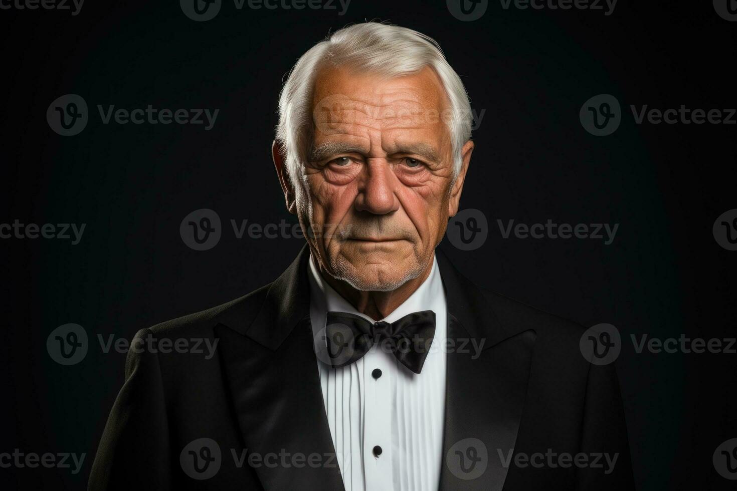 ai gerado velho homem dentro smoking em Preto fundo, imagens do Senior cidadãos foto