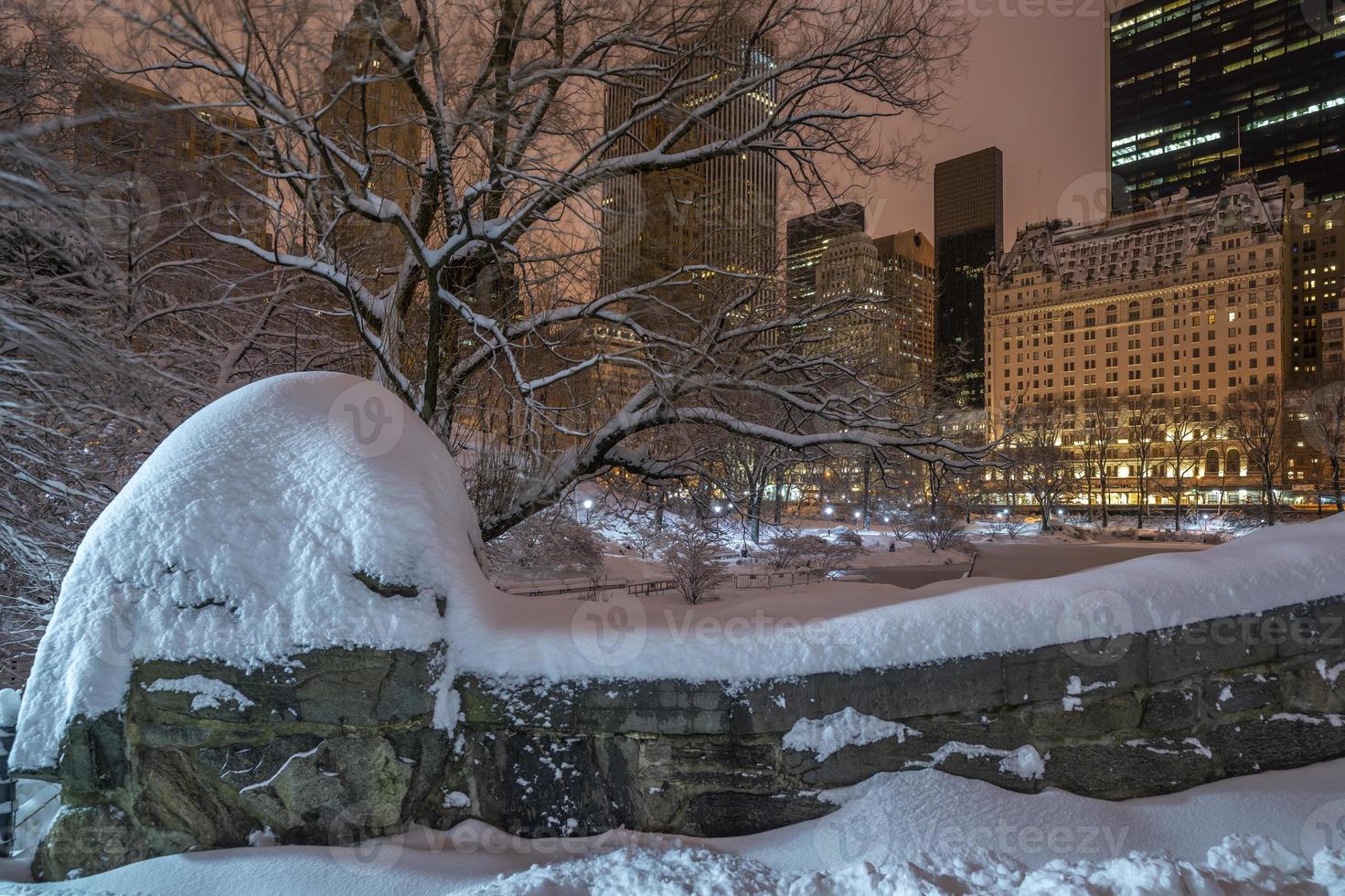 ponte gapstow no parque central à noite após tempestade de neve foto