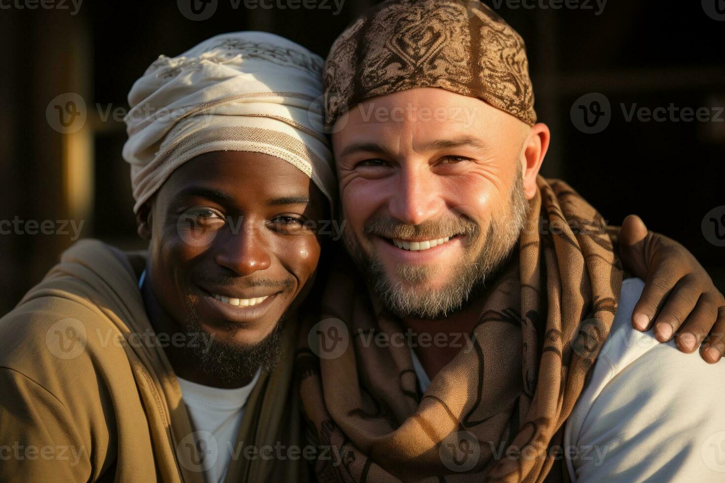 ai gerado branco lenços de cabeça e uma caloroso abraço entre dois amigos, eid e Ramadã imagens foto