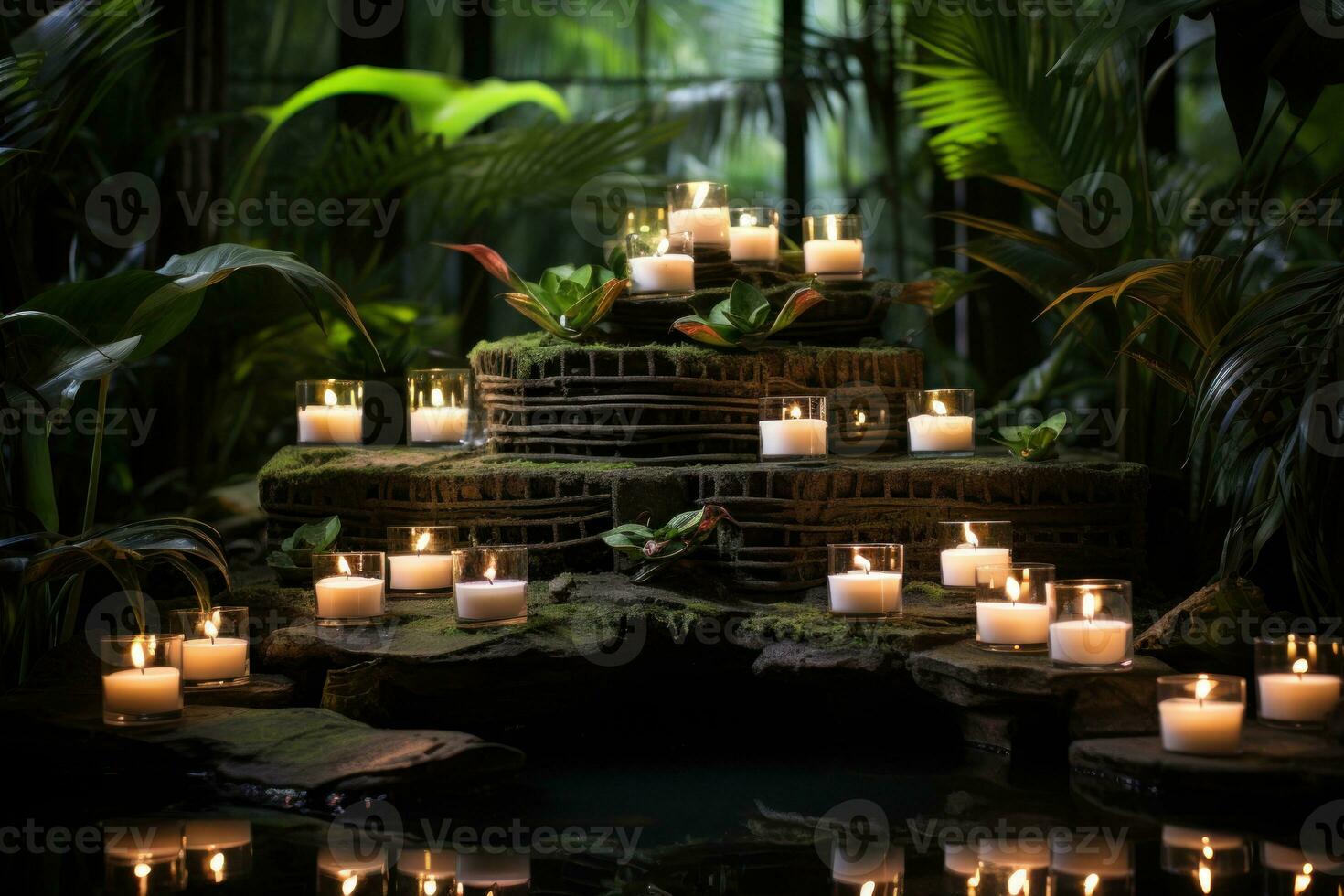 ai gerado velas adornando pedras dentro uma sereno tropical oásis, namorados, namoro e amor proposta imagem foto