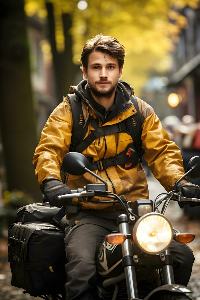 ai gerado caucasiano jovem Entrega homem equitação motocicleta entregando Comida dentro a cidade. ai gerado foto