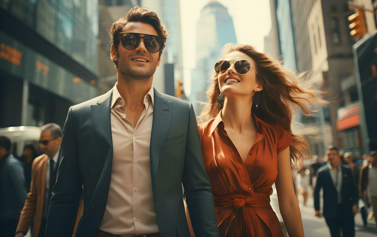 ai gerado caucasiano jovem pessoas de negócio casal amante dentro colorida laranja vestir e cinzento terno com Sol óculos é sorridente e feliz em rua dentro cidade. ai gerado foto