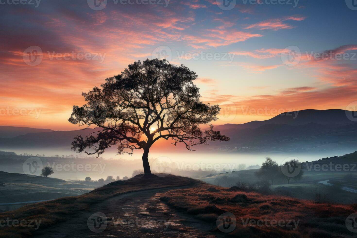 ai gerado nevoeiro tranquilidade solitário árvore às nascer do sol, nascer do sol e pôr do sol papel de parede foto