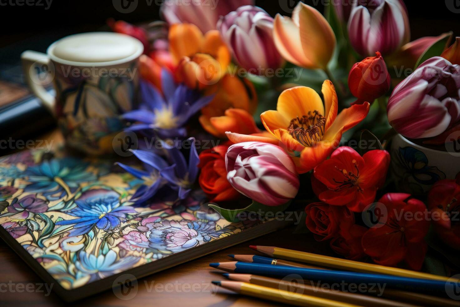 ai gerado vibrante tulipas artístico lápis e uma café caderno crio uma delicioso composição, educacional foto